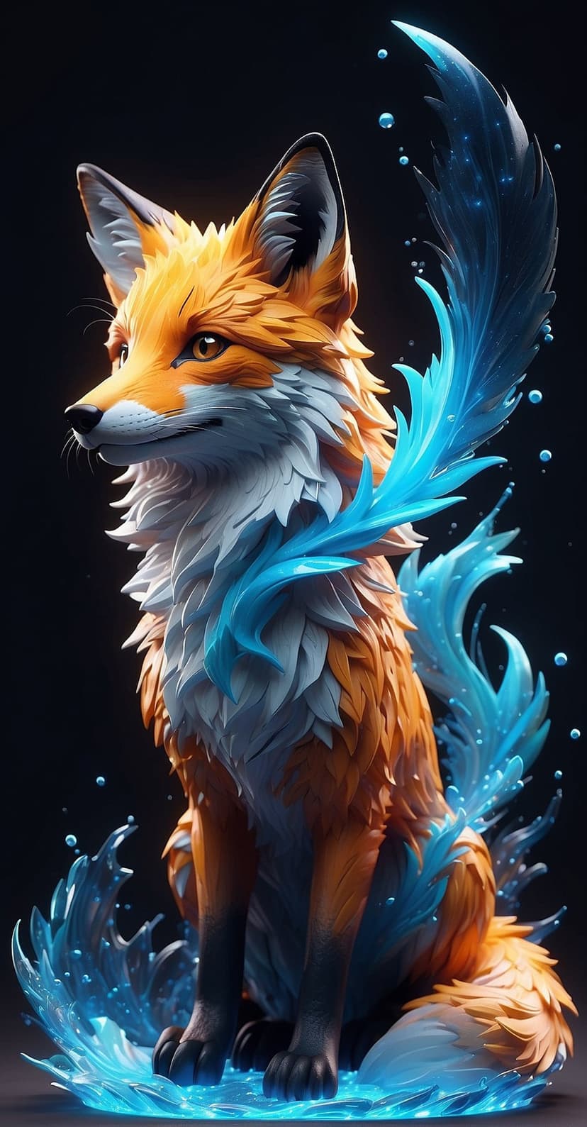 Fox with orange fur sits surrounded by flowing blue water splashes and droplets against a dark background.