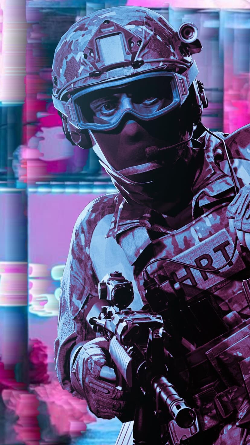 Soldier in a tactical helmet and goggles holds a rifle amidst vibrant blue and magenta digital glitch distortions.
