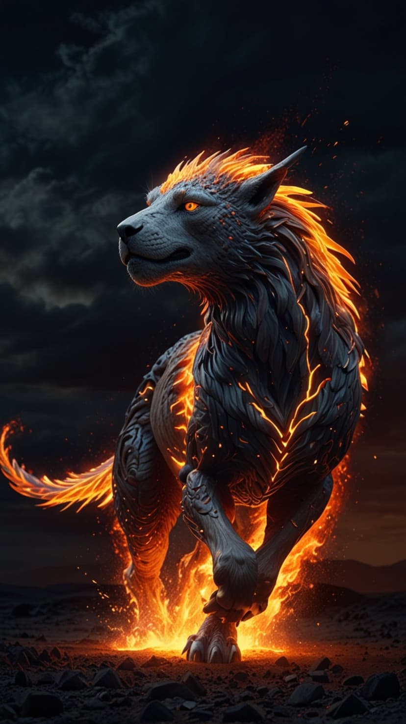 Flaming wolf with glowing orange eyes and fiery fur roars against a dark, cloudy sky with drifting embers.