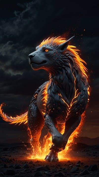Fiery Wolf Creature Roaring in Dark Stormy Landscape