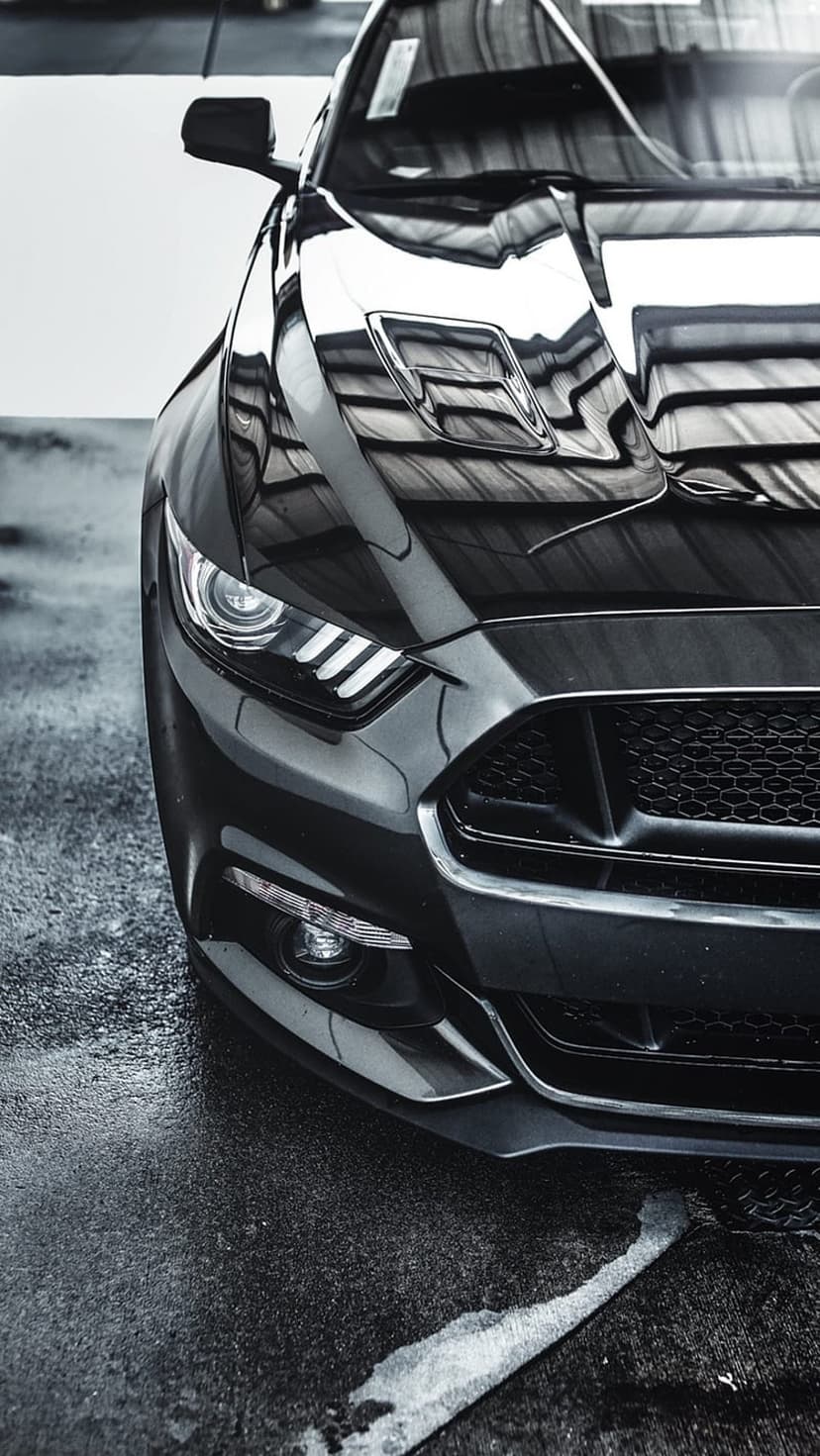 Black Ford Mustang front grille and glowing headlights reflect on rainy asphalt under moody night lighting.