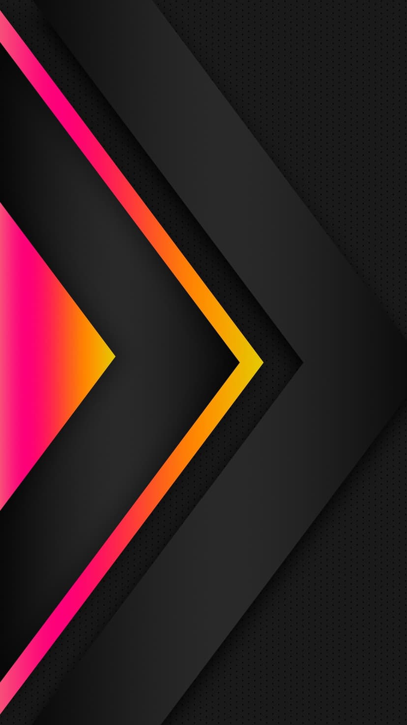 Layered black geometric shapes glow with neon pink and orange light across a dark textured surface background.
