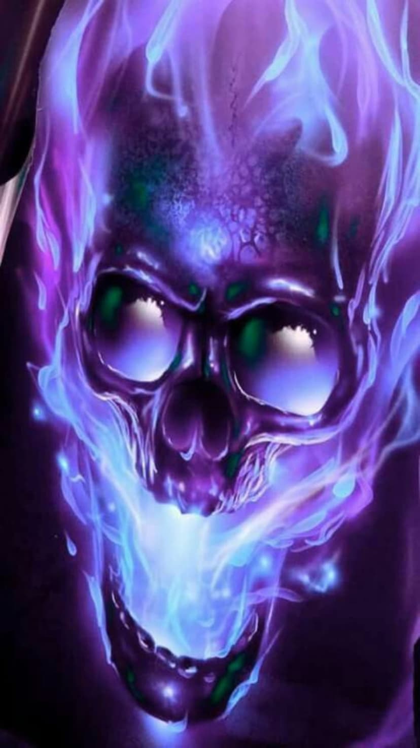 Skeletal skull with glowing green eyes and vibrant purple and blue flames erupting from its open jaw and cranium.