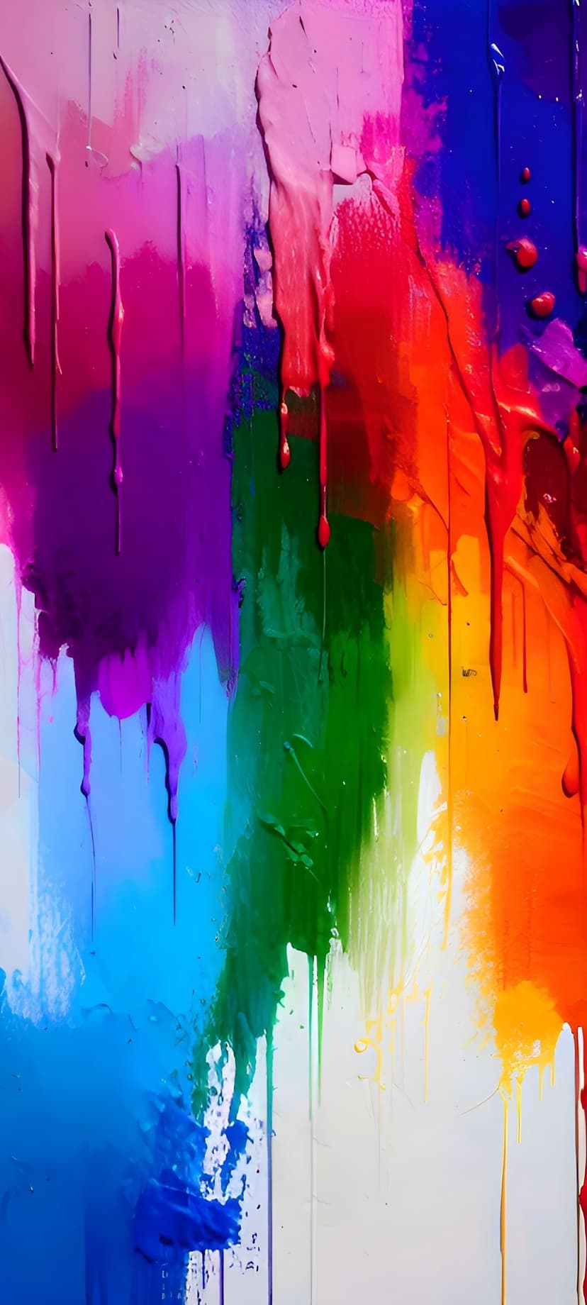 Vertical rainbow paint drips in saturated red, blue, and green hues cascade down a textured white background.