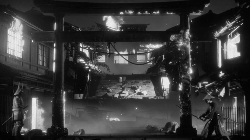 Samurai duel under a torii gate in a burning Japanese village with smoke and high contrast lighting.