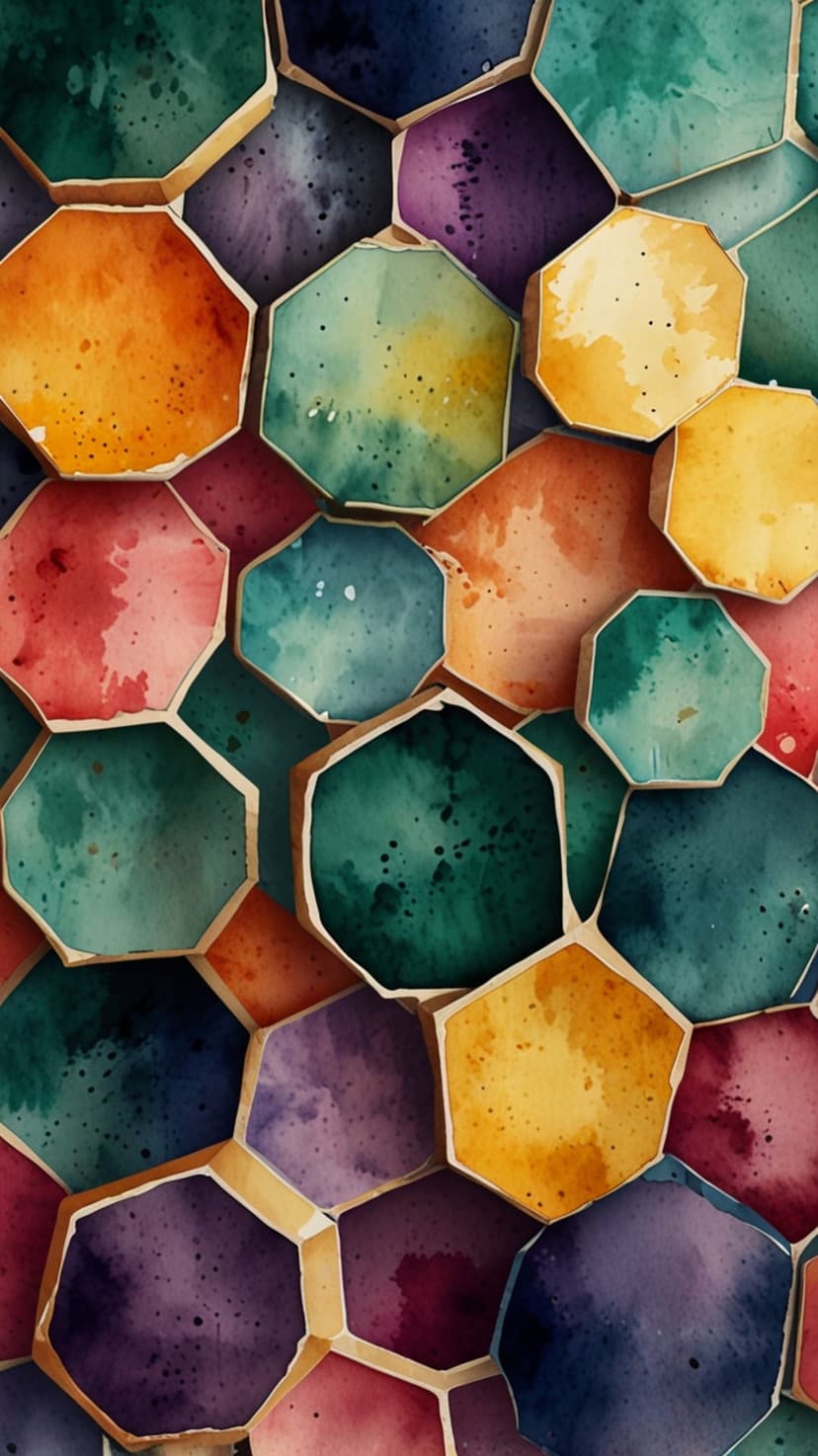 Interlocking hexagons with textured watercolor washes in green, orange, and purple shades on a bright surface.