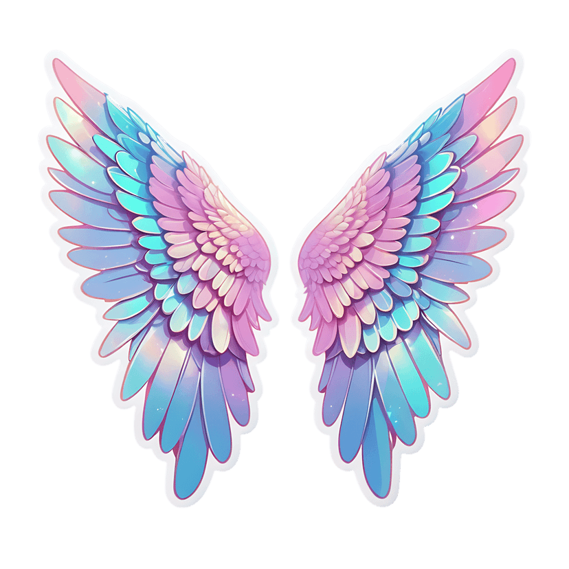 Iridescent angel wings illustration featuring pastel pink and blue feathered gradients with a white sticker border.