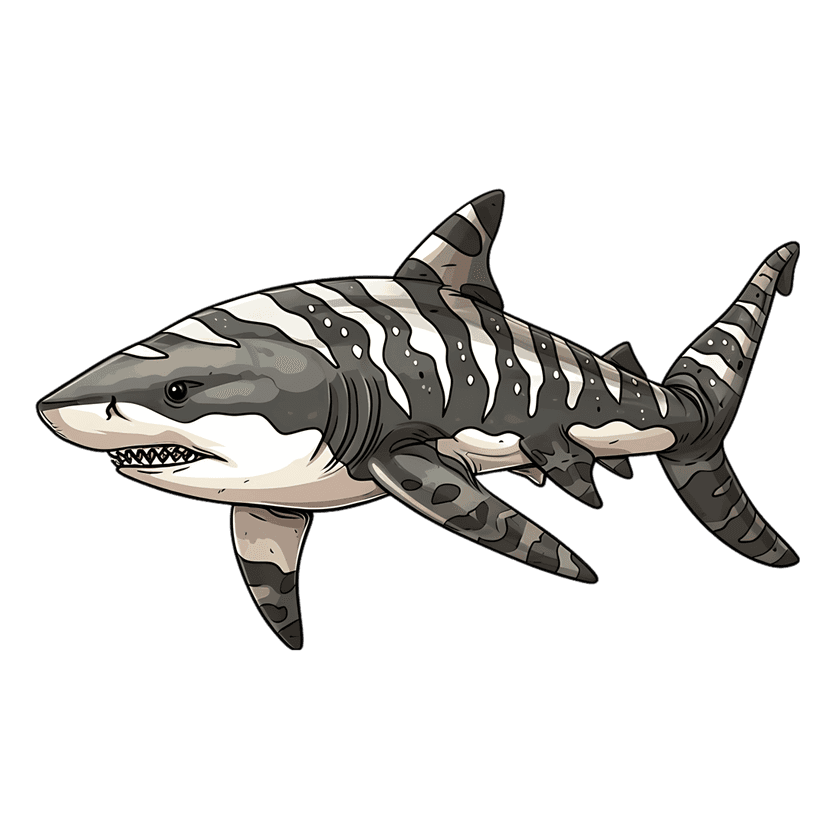 Tiger shark illustration shows a grey striped predator with an open jaw and sharp teeth on black background.