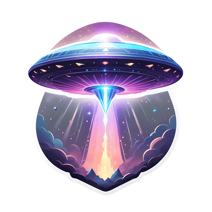 UFO flying saucer sticker emitting a colorful light beam over purple mountains and a starry night sky landscape.