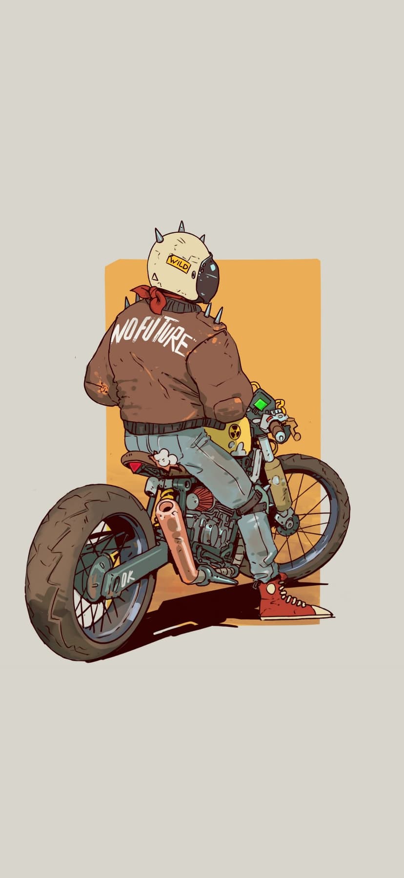 Post-apocalyptic biker in a spiked helmet and No Future jacket rides a custom motorcycle on a yellow background.