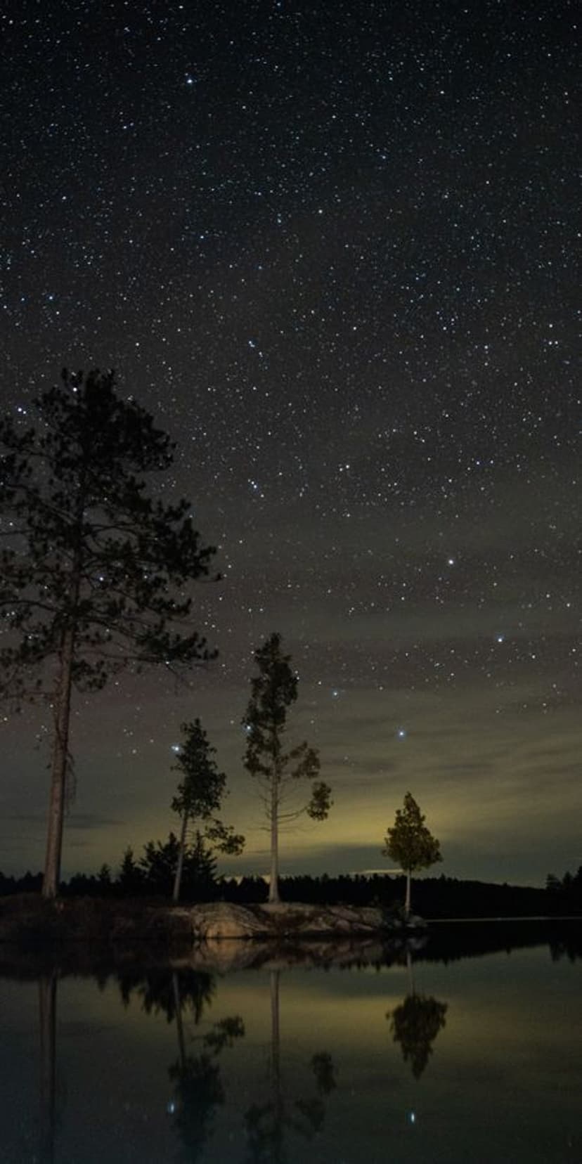 Stars dotting a dark night sky reflect onto a calm lake with silhouetted trees on a small island in the distance.
