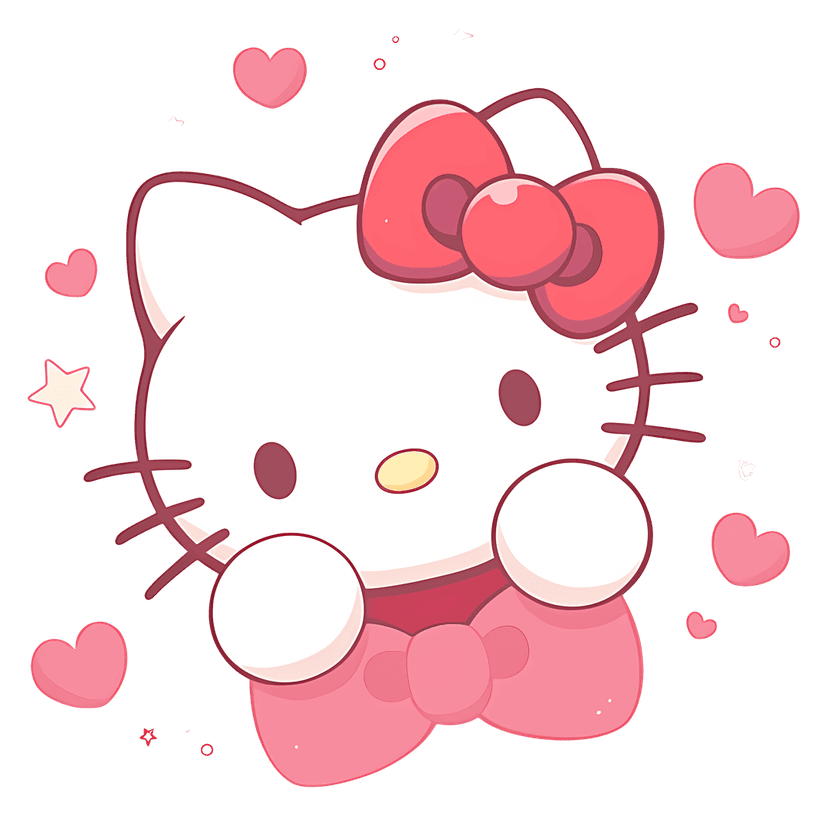 Hello Kitty character illustration featuring a large pink bow and floating hearts on a transparent background.