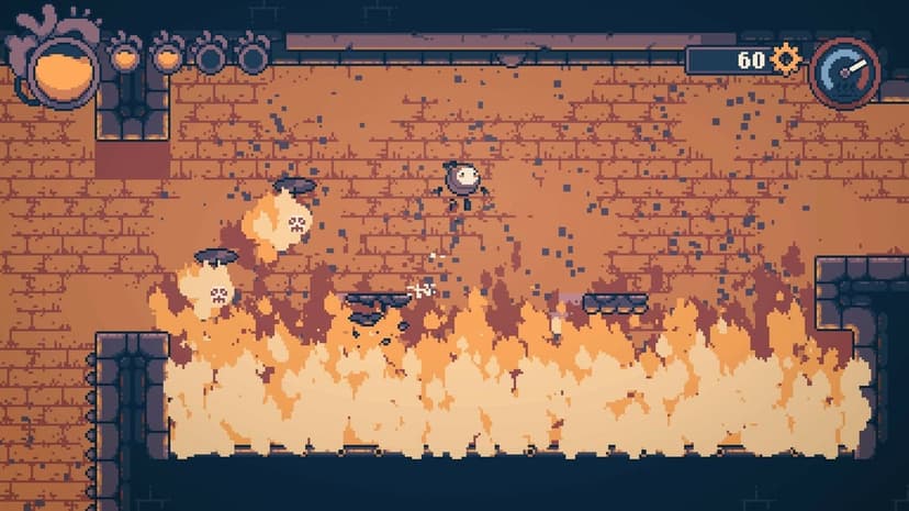 Small white robot jumping over orange flames and ghost enemies in a pixel art brick chamber.