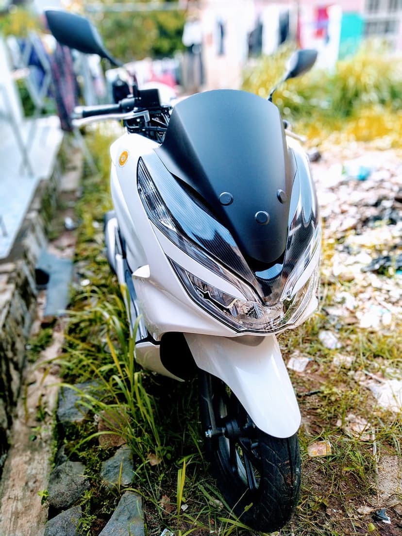 White Honda PCX 160 scooter with black windshield and sharp headlights parked on a green grassy path outdoors.