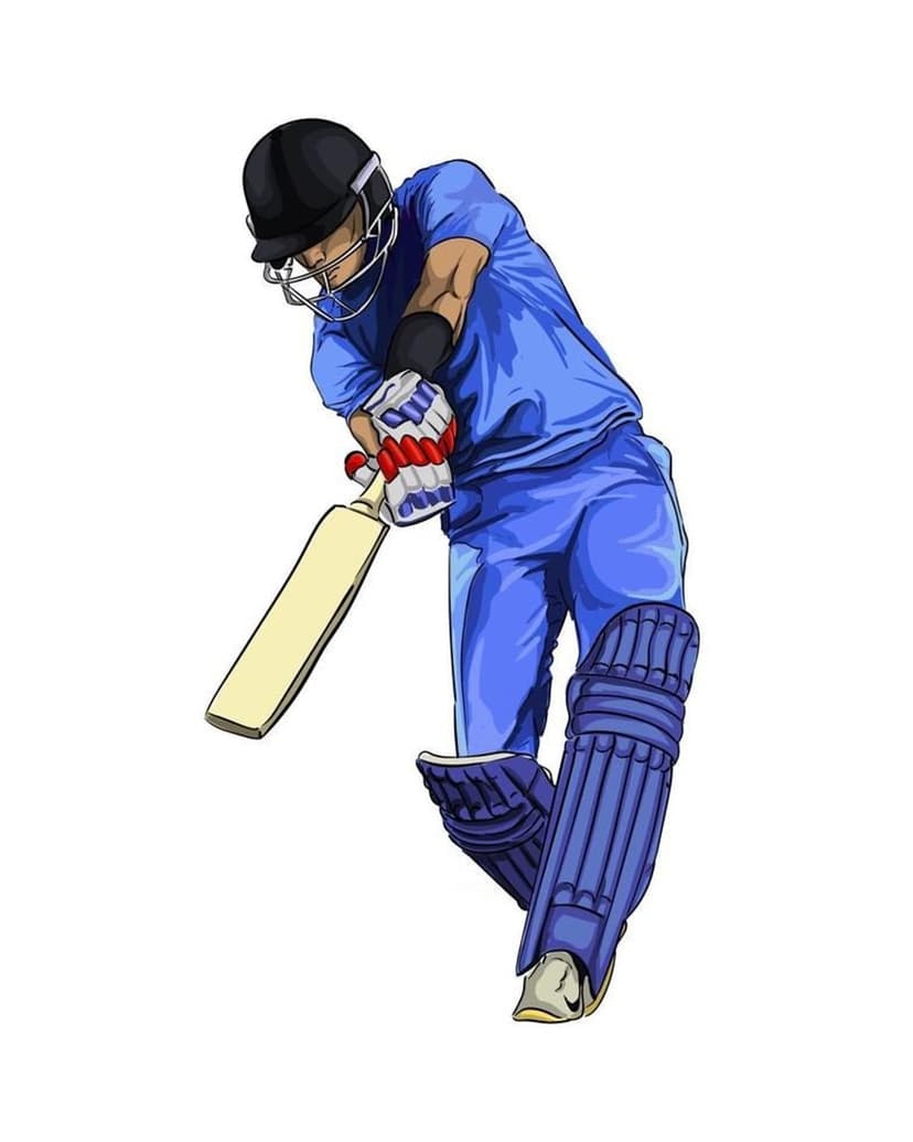 Cricketer in blue uniform following through a batting swing while wearing a black helmet and pads on white.