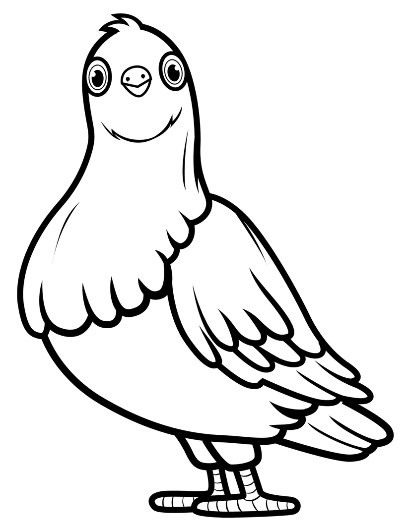 Pigeon coloring page outline featuring a standing bird with large eyes and simple wings in black line art style.