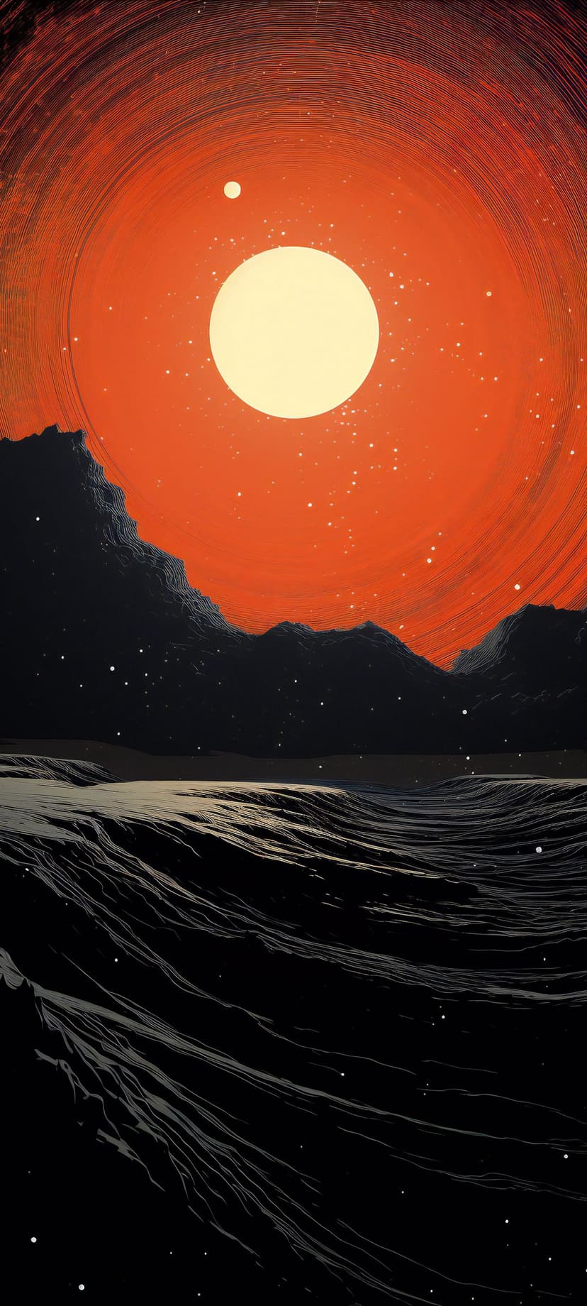 Large glowing sun with concentric rings hangs over dark jagged mountain peaks and a rippled orange alien landscape.