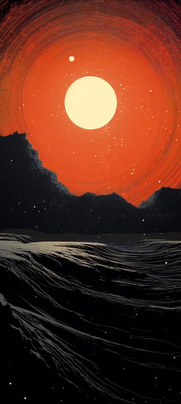 Surreal alien landscape with large sun and rocky terrain