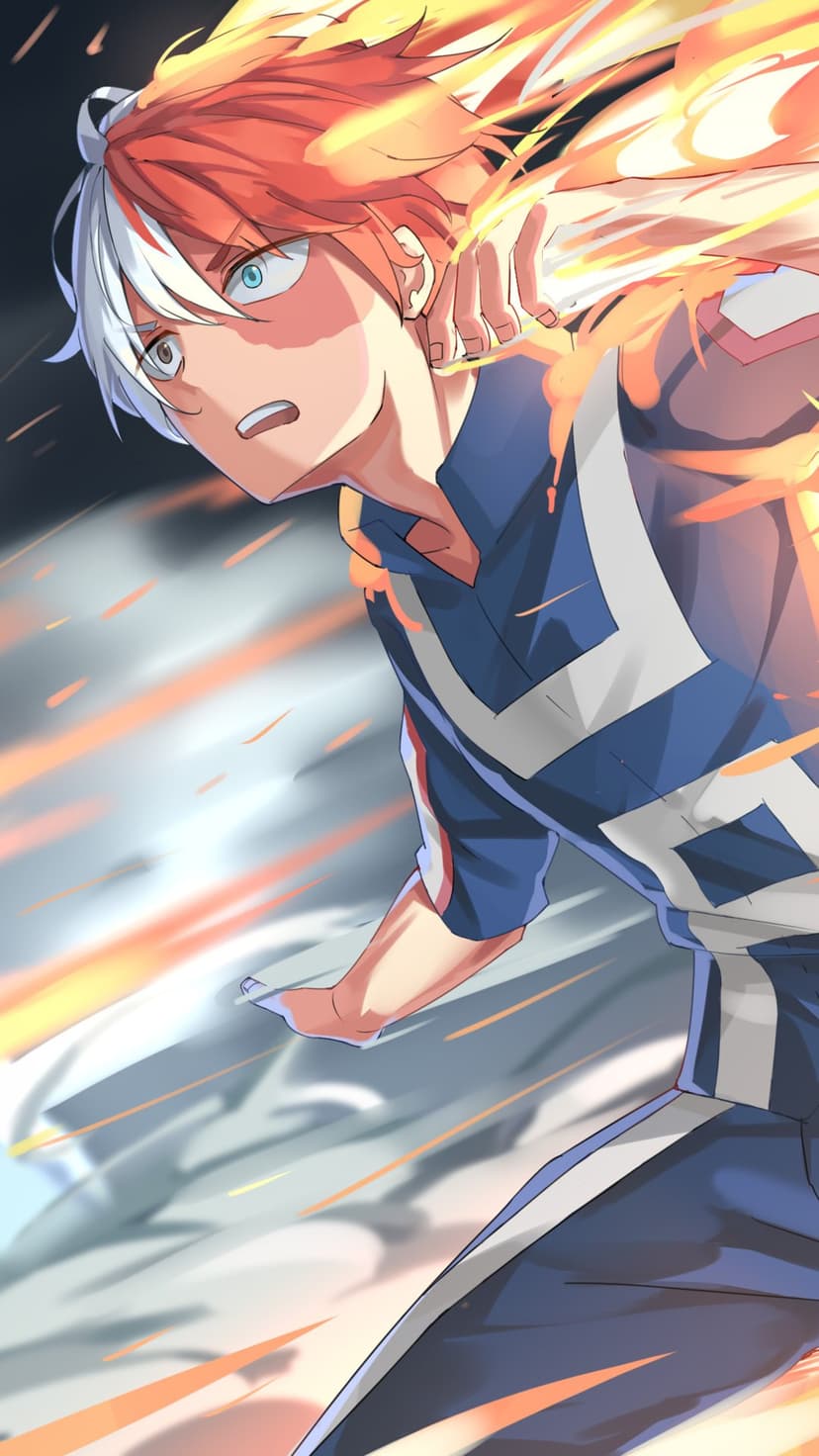 Shoto Todoroki with red and white hair conjures a massive orange fire blast while wearing a navy blue hero suit.
