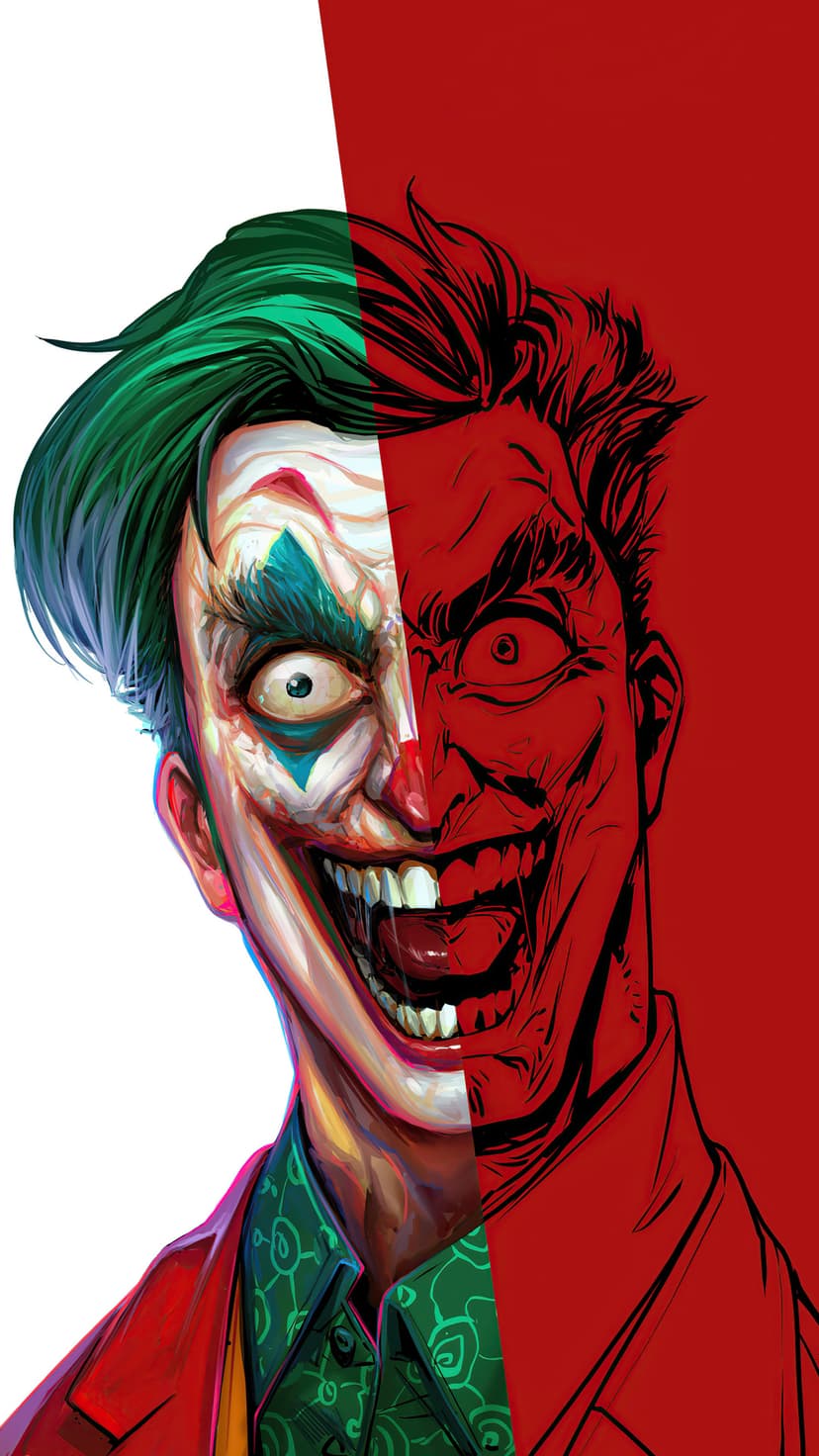 Joker with a split face showing white makeup and red ink lines against a crimson background and green hair.