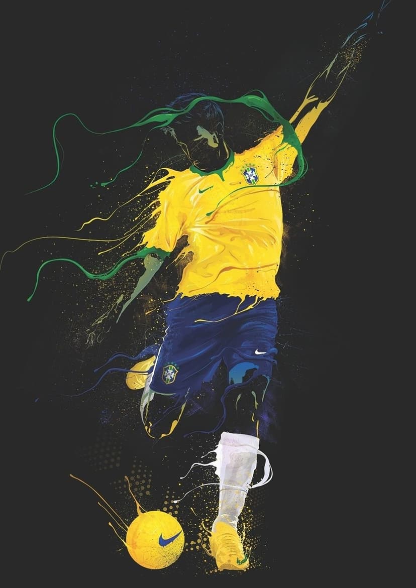 Brazilian footballer in a yellow jersey kicks a ball surrounded by yellow and green paint splashes on black.