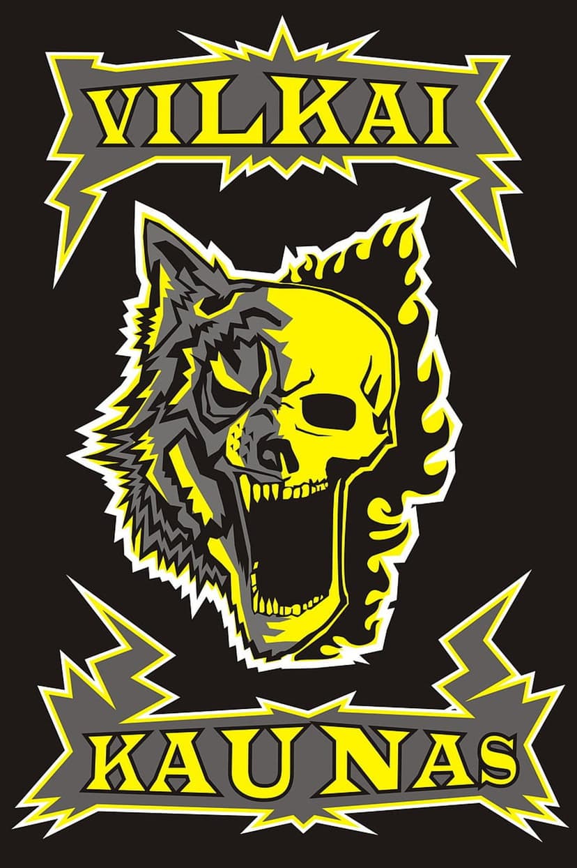 Wolf skull emblem fused with yellow and gray graphics and Vilkai Kaunas text against a dark background.