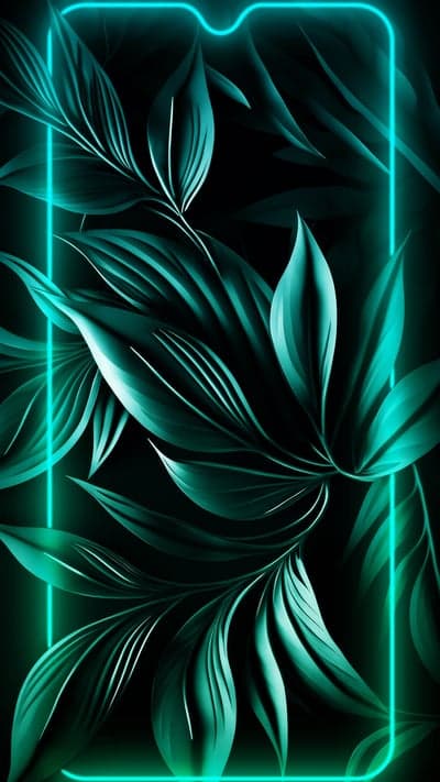 Dark Teal Neon Floral Wallpaper with Glowing Frame