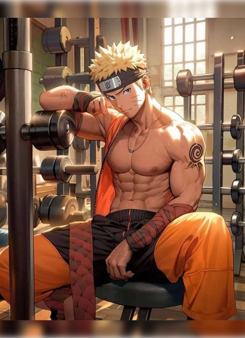 Naruto Uzumaki sits shirtless on a weight bench showing his muscular abs and biceps in a gym with weights.