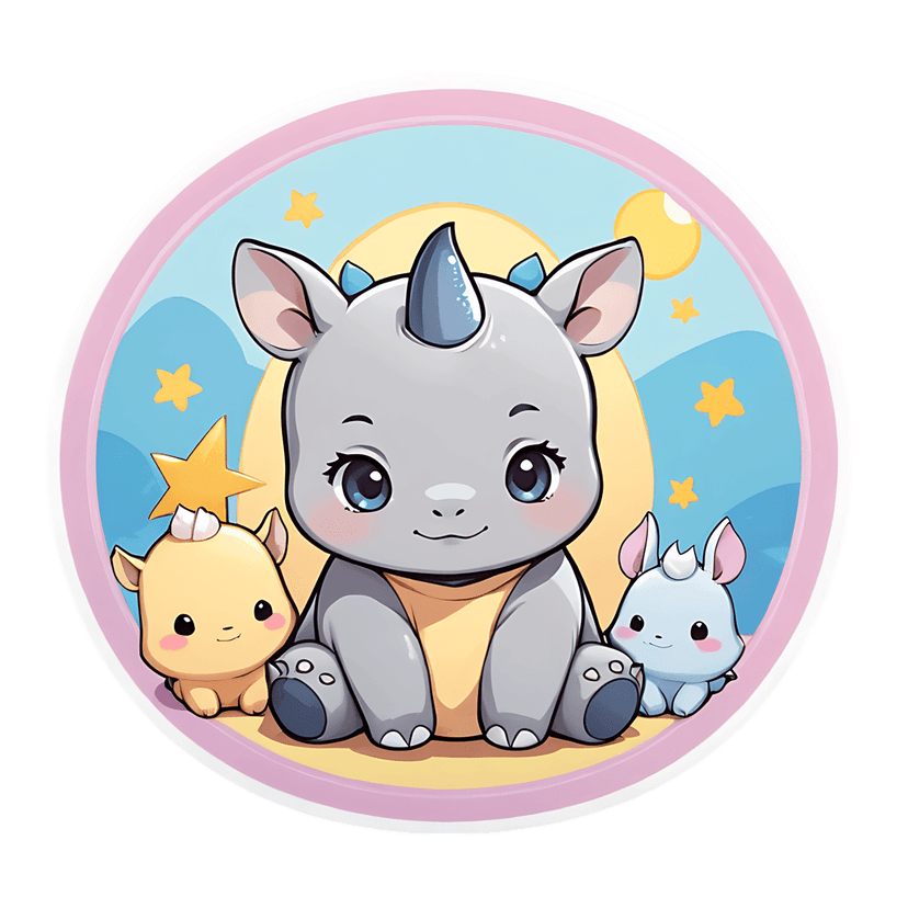 Grey baby rhino sticker with glossy blue eyes sits inside a pink circular border with stars and a yellow moon.