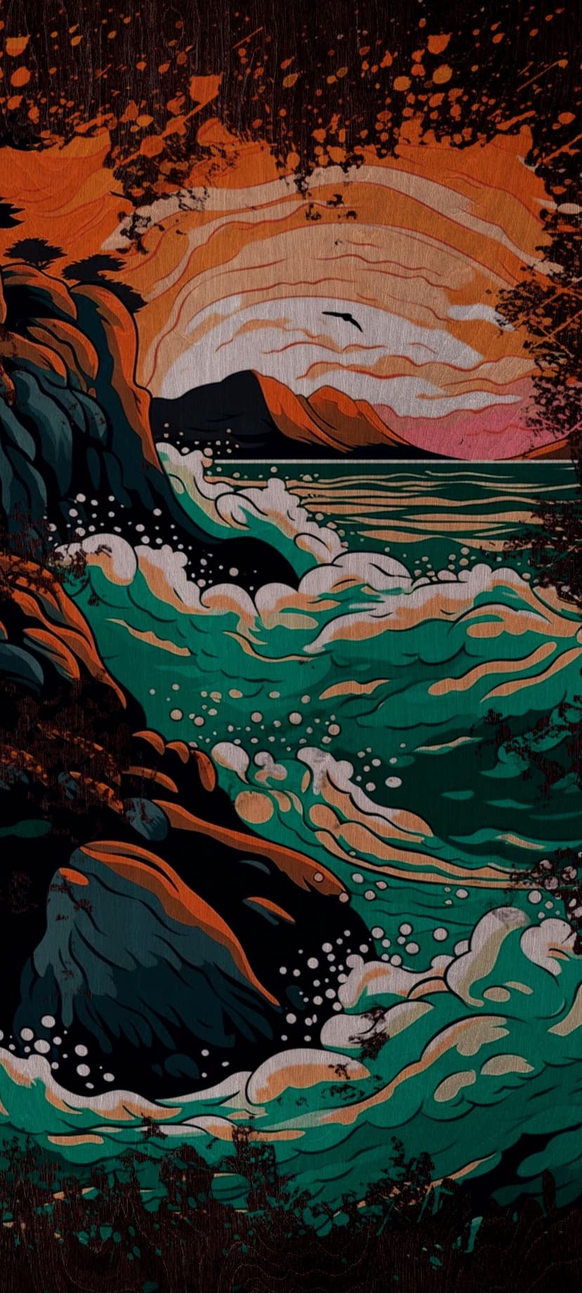 Emerald green waves crash against dark coastal rocks below stylized mountains and a glowing orange sunset sky.