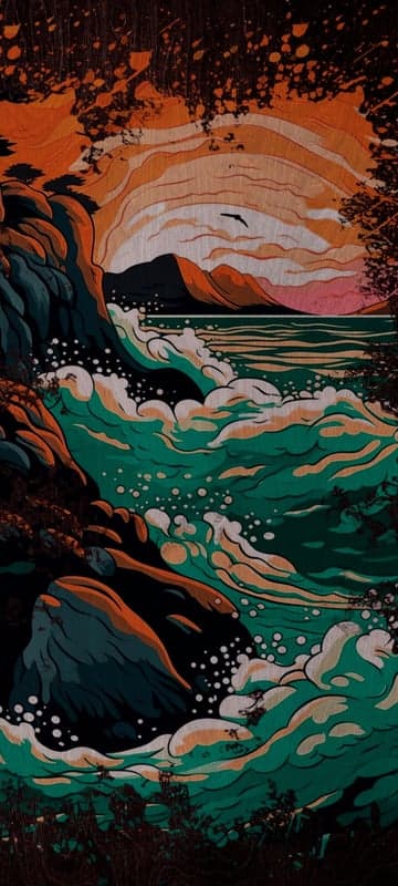 Surreal Seascape Art with Vibrant Waves and Mountains