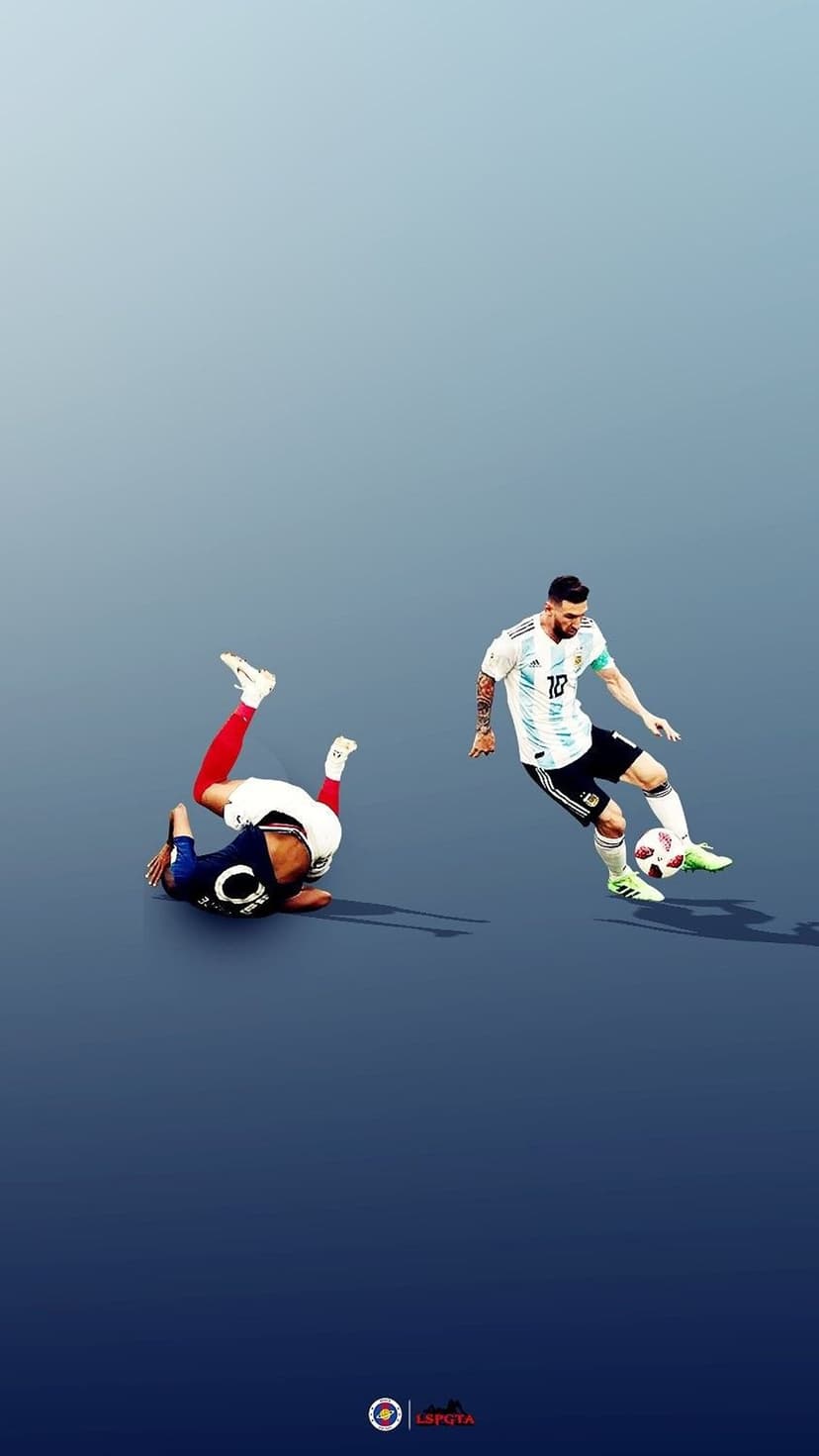 Lionel Messi dribbles a soccer ball past a fallen opponent while wearing a striped Argentina national team jersey.