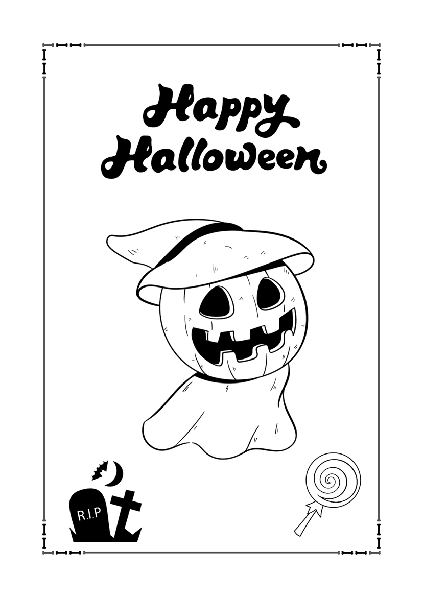 Halloween coloring page featuring a pumpkin ghost standing next to a RIP tombstone under a crescent moon.