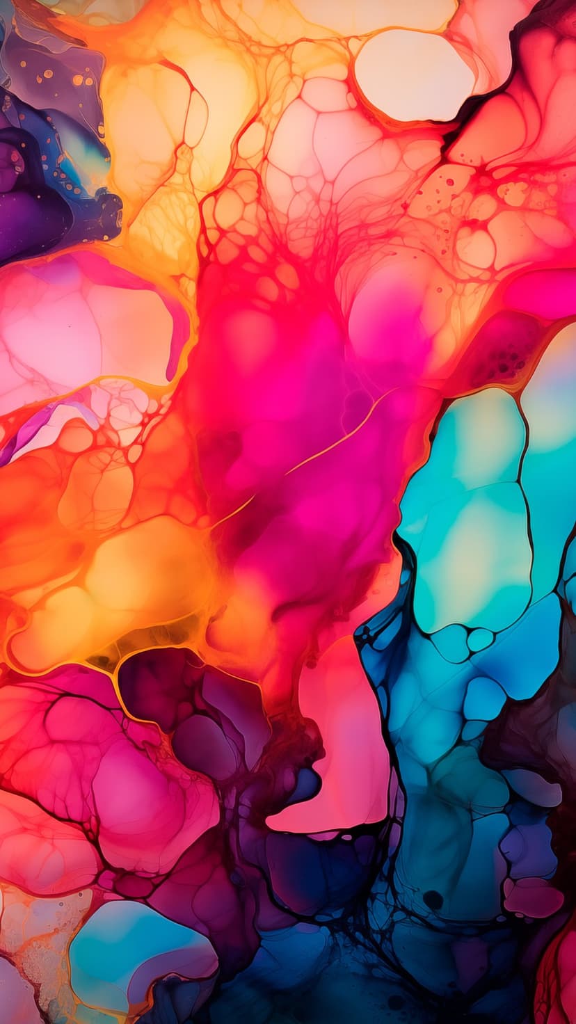 Swirling red and orange ink droplets merge with electric blue liquid to create a dense cellular abstract pattern.