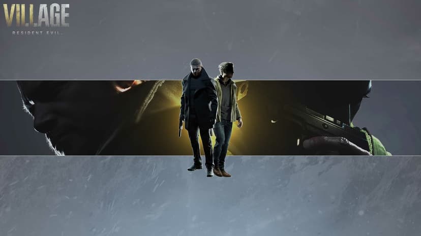 Chris Redfield and Ethan Winters stand before a golden glow in a cinematic Resident Evil Village scene.