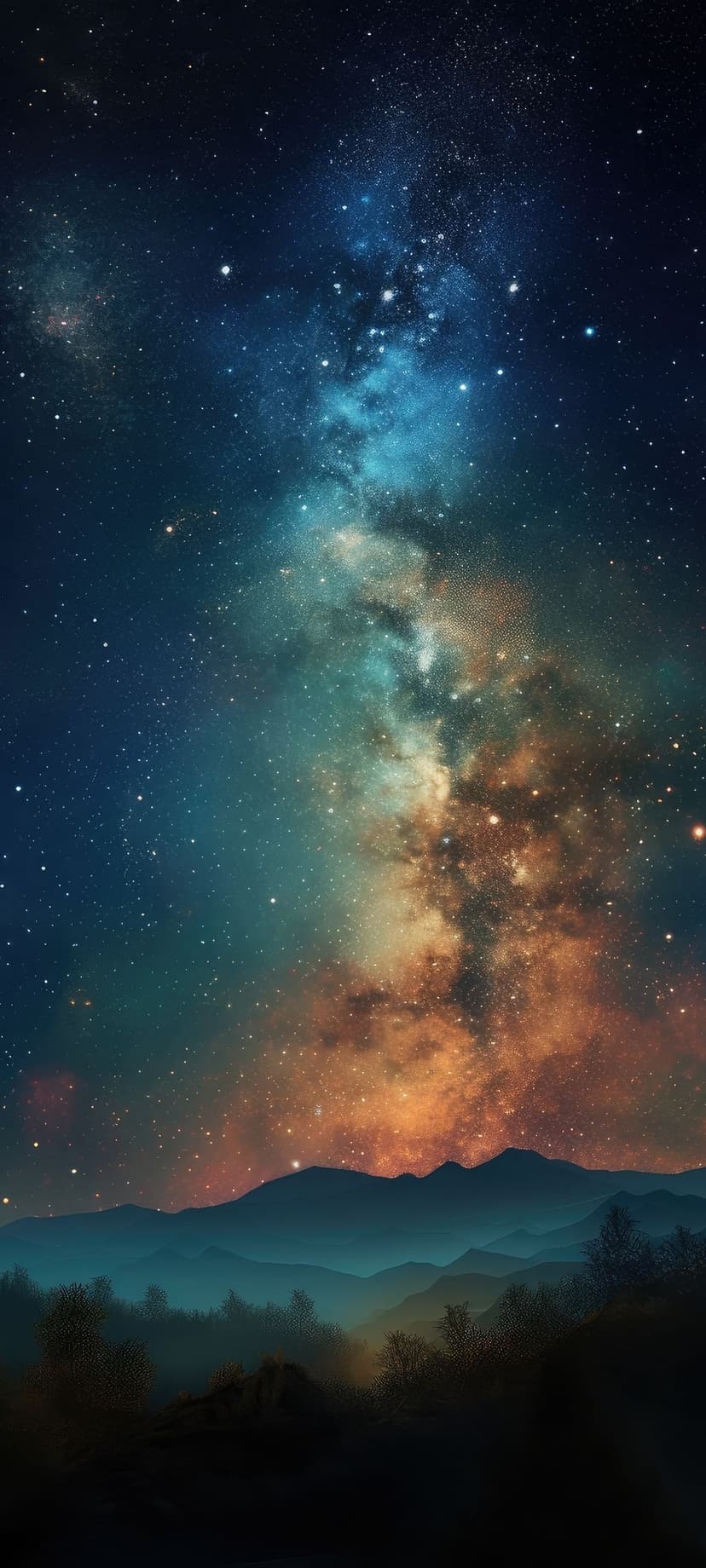 Milky Way galaxy with orange nebulae glowing above a dark silhouette of mountains and a misty evergreen forest.