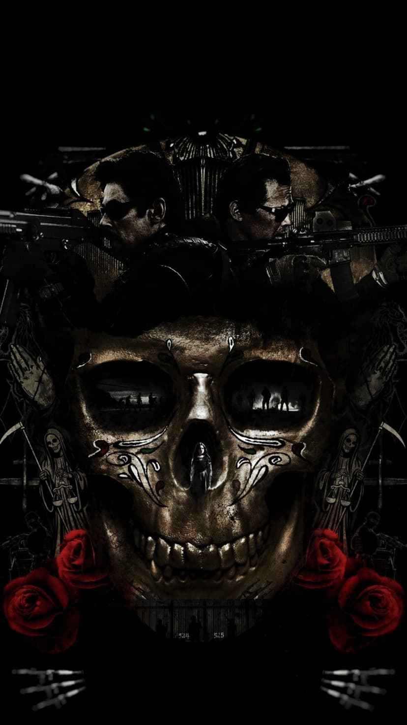 Ornate skull centerpiece flanked by tactical soldiers in sunglasses with red roses and firearms in the background.