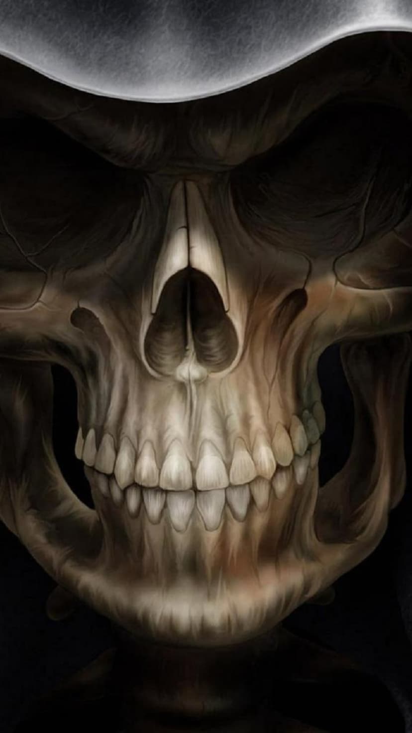 Grim reaper skull wearing a black hood with hollow eye sockets and sharp teeth against a dark backdrop.