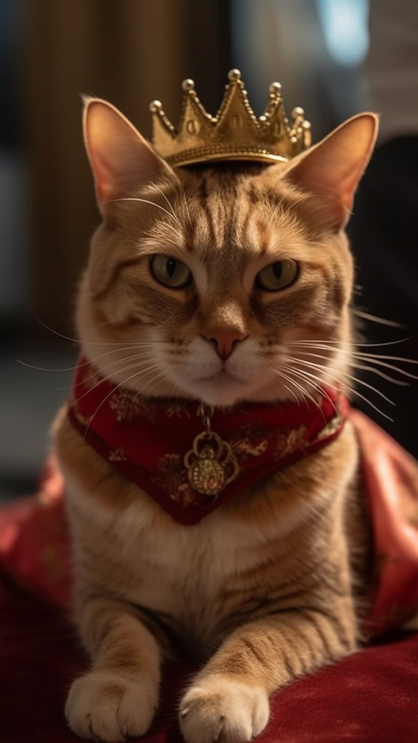 Orange tabby cat wearing a golden crown and patterned red scarf with its green eyes looking forward.