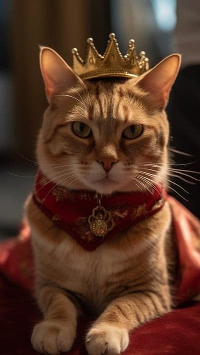 Orange Tabby Cat Wearing Crown and Red Scarf