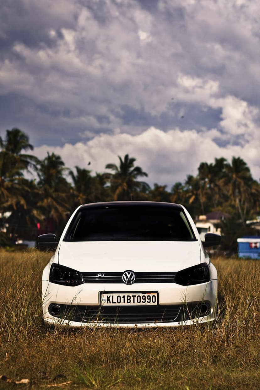 White Volkswagen Polo GTI with a black roof parked on dry grass near palm trees under a dramatic cloudy sky.