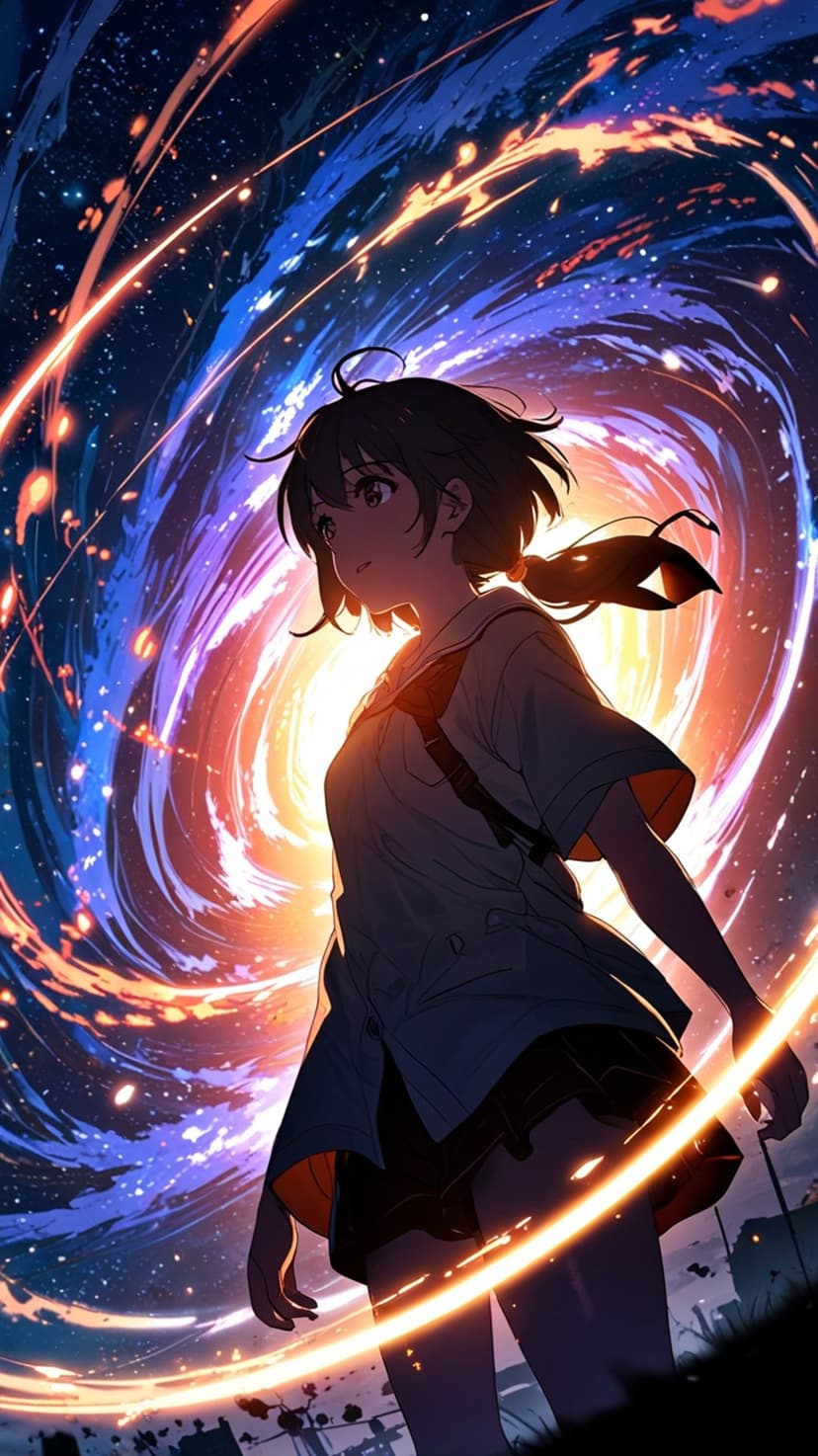 Dark-haired girl in silhouette looking at a massive swirling blue and orange nebula with glowing light particles.