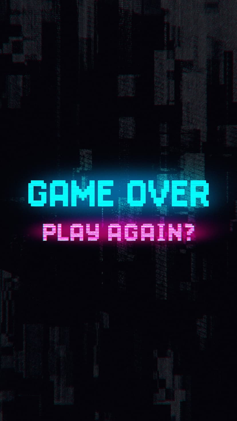 Neon blue Game Over text and pink Play Again prompt glow against a dark glitchy pixel art background.