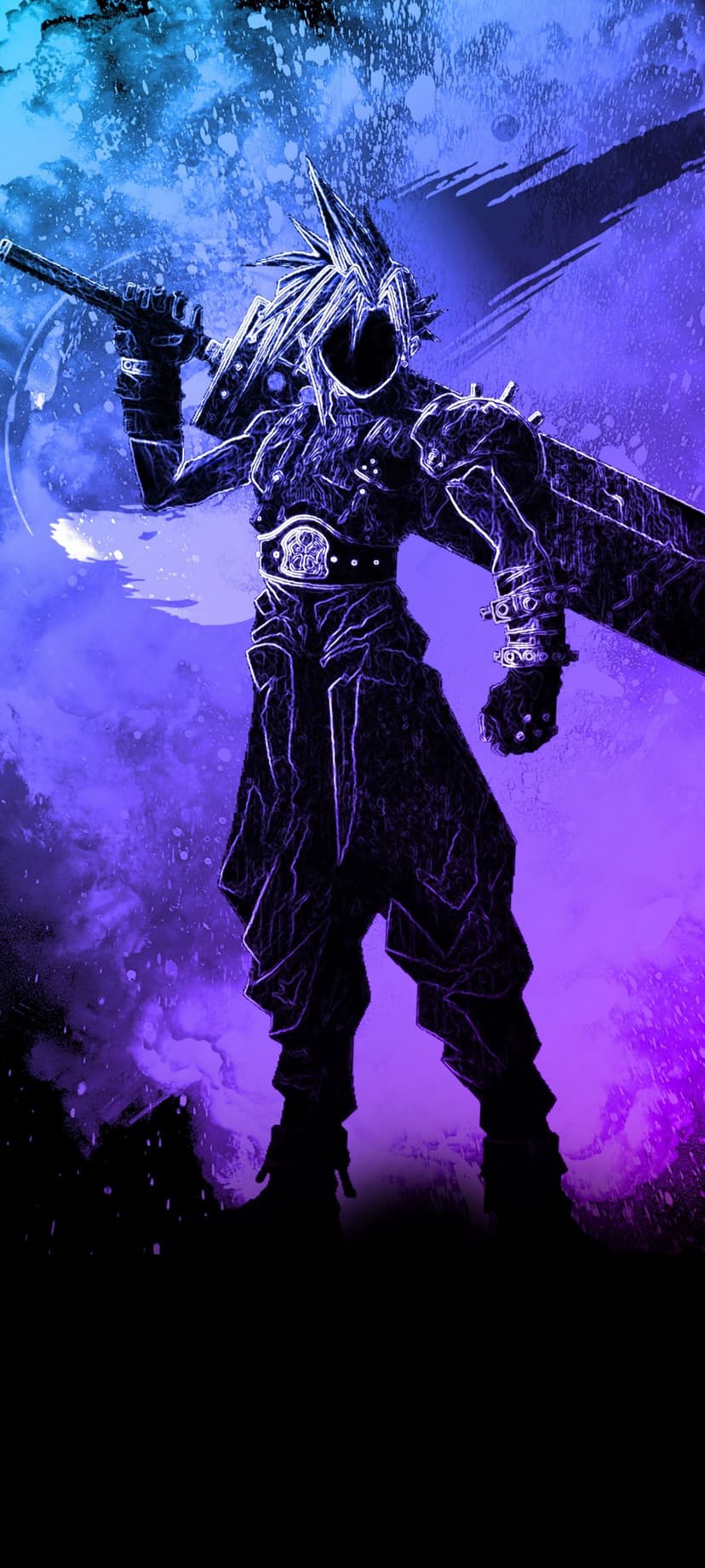 Cloud Strife holds his Buster Sword amid glowing purple and blue neon outlines and a dark cosmic backdrop.