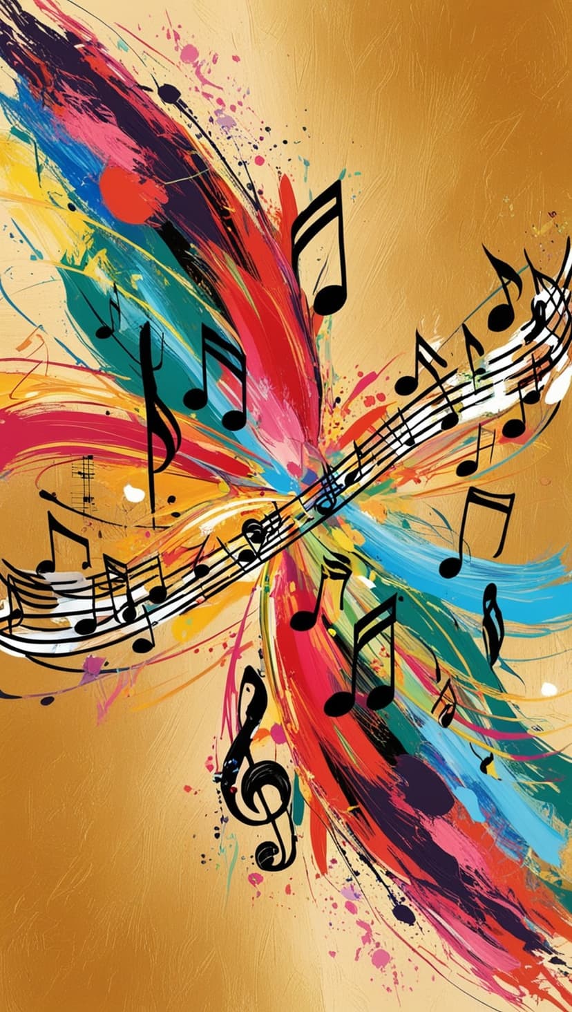 Musical notes and staves exploding outward amidst vibrant red, blue, and pink paint on a textured gold background.