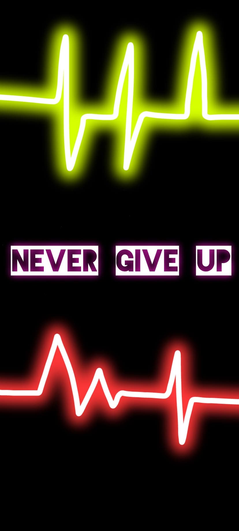 Purple neon text reading Never Give Up centered between yellow and red heartbeat lines on a black backdrop.