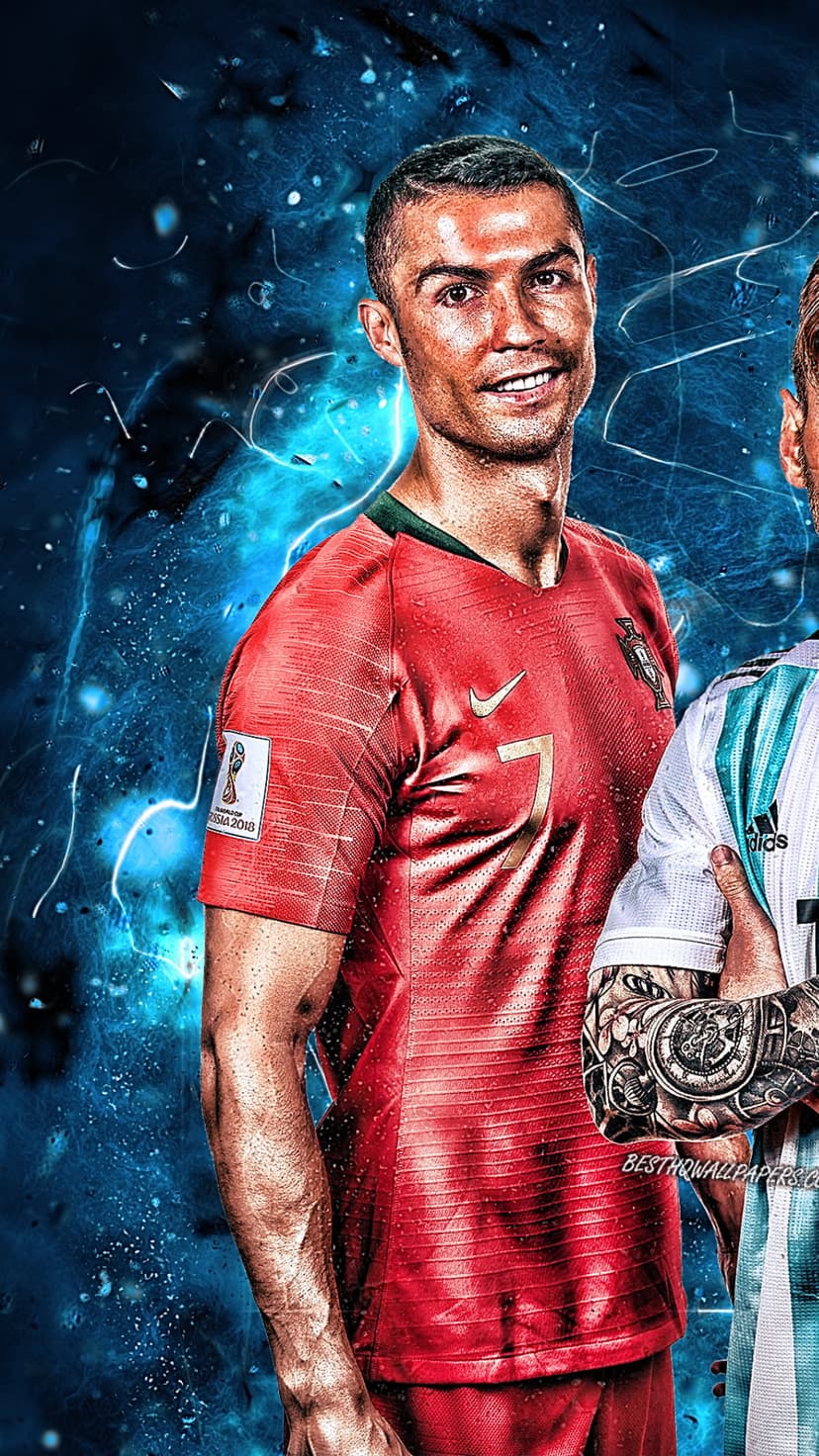 Cristiano Ronaldo in a red Portugal jersey stands before glowing blue lightning streaks on a white backdrop.