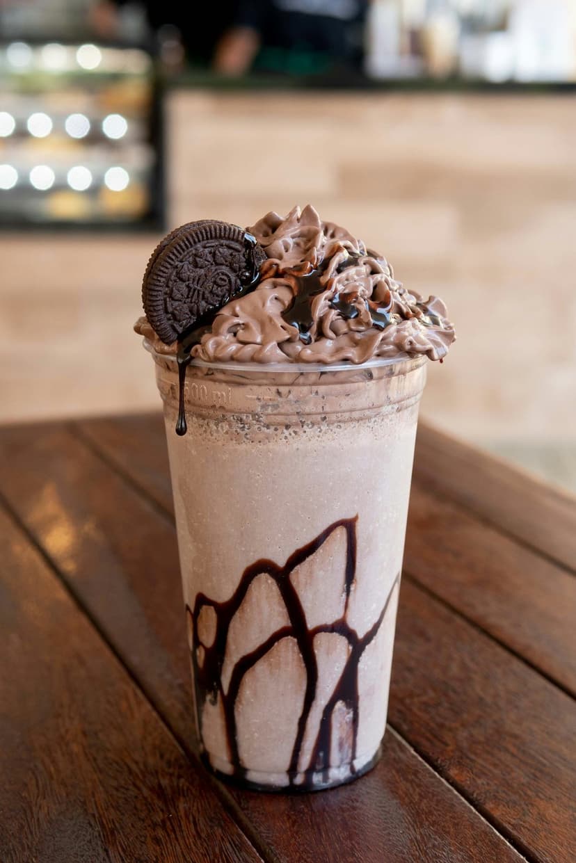 Oreo milkshake with whipped cream and chocolate drizzle in a glass, set against a soft blurred background.