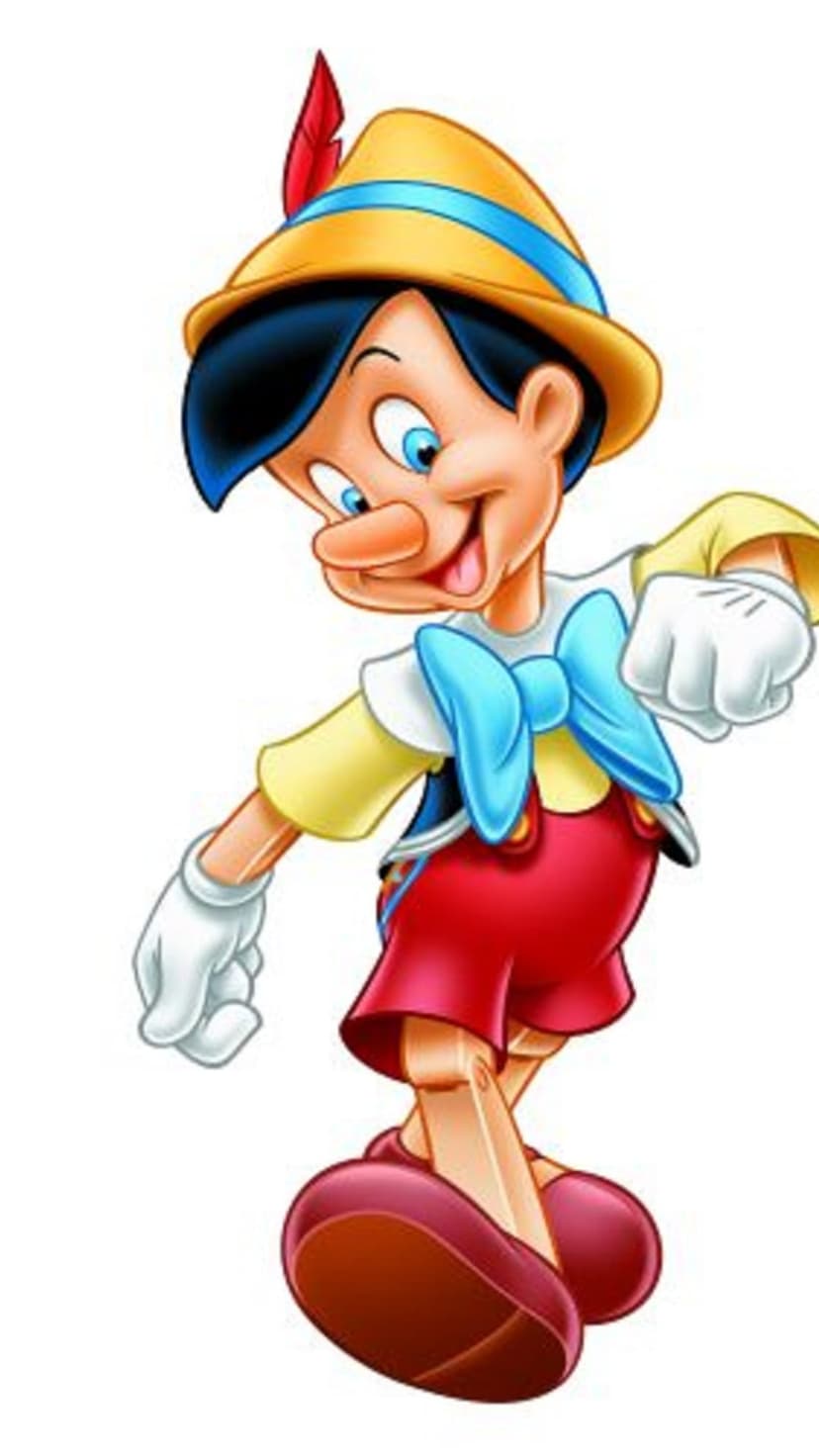 Pinocchio with blue eyes, yellow hat, and red shorts stands with arms outstretched and white gloves visible.