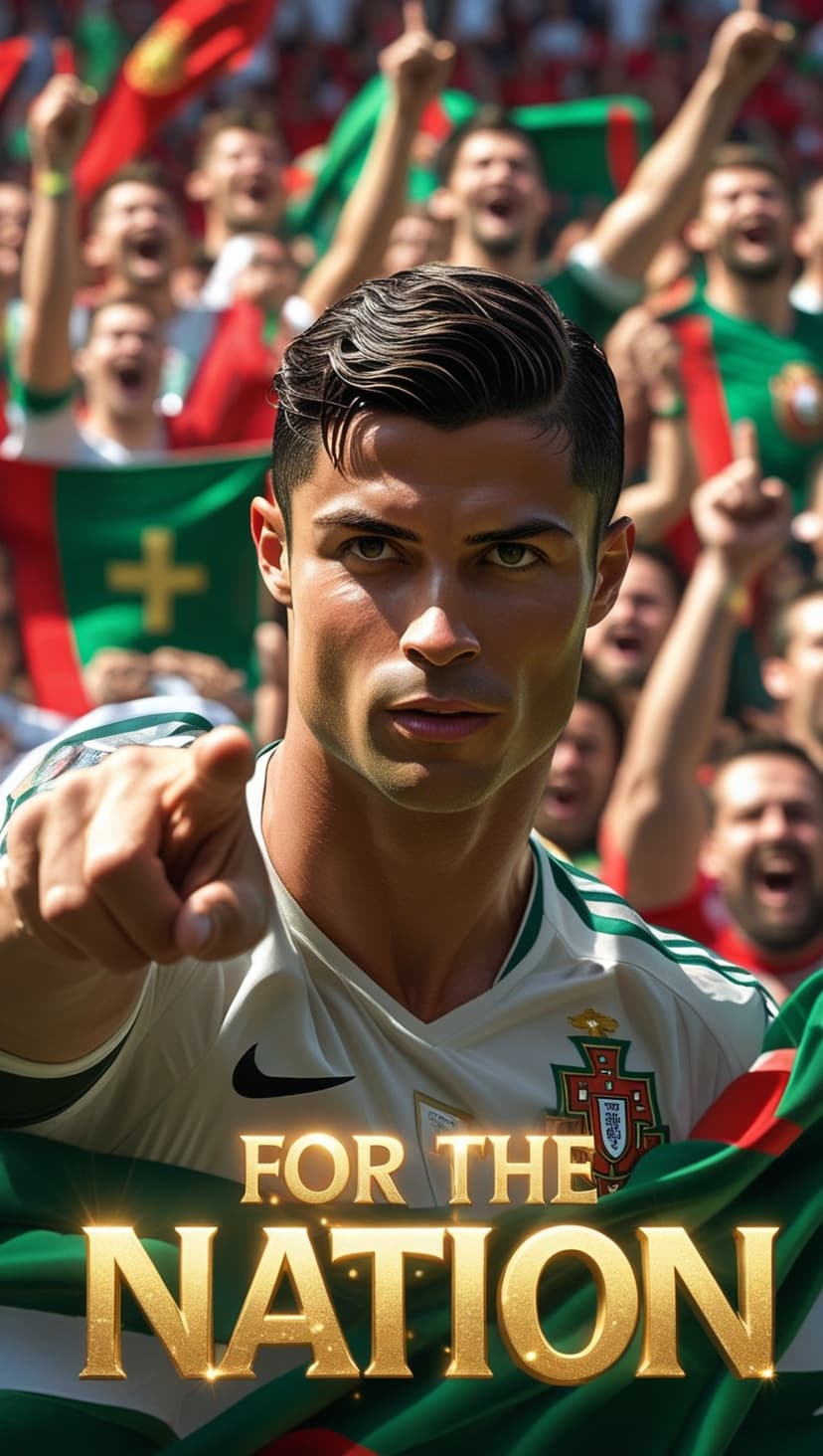 Cristiano Ronaldo points forward in a red Portugal jersey with gold text and a cheering crowd in the background.